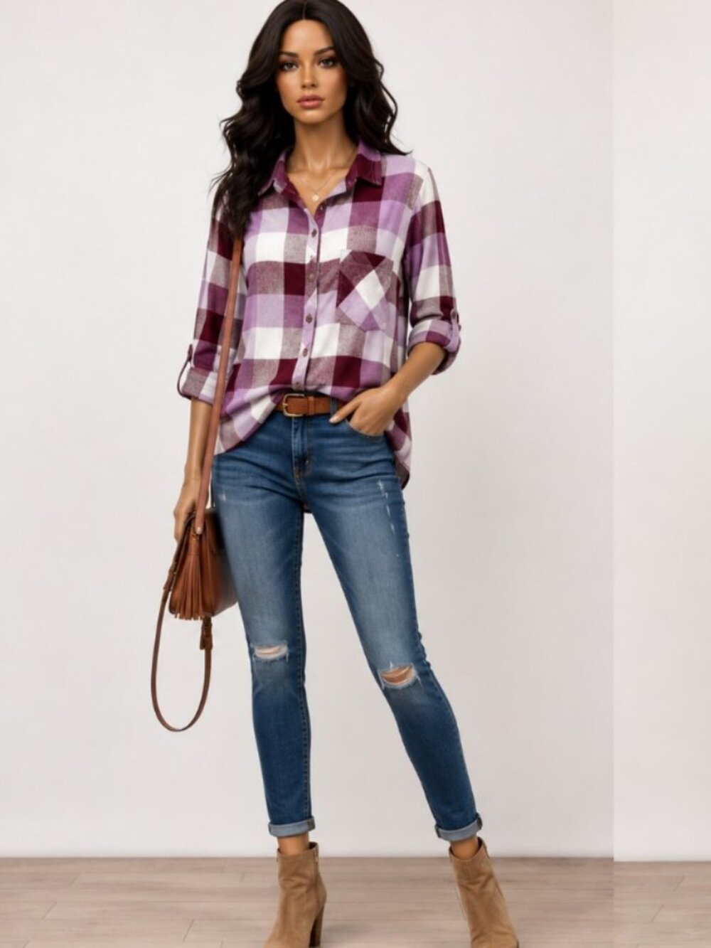 Terra & Sky Women's Fall Fashion Plaid button Down Shirt Purple White Size 1x